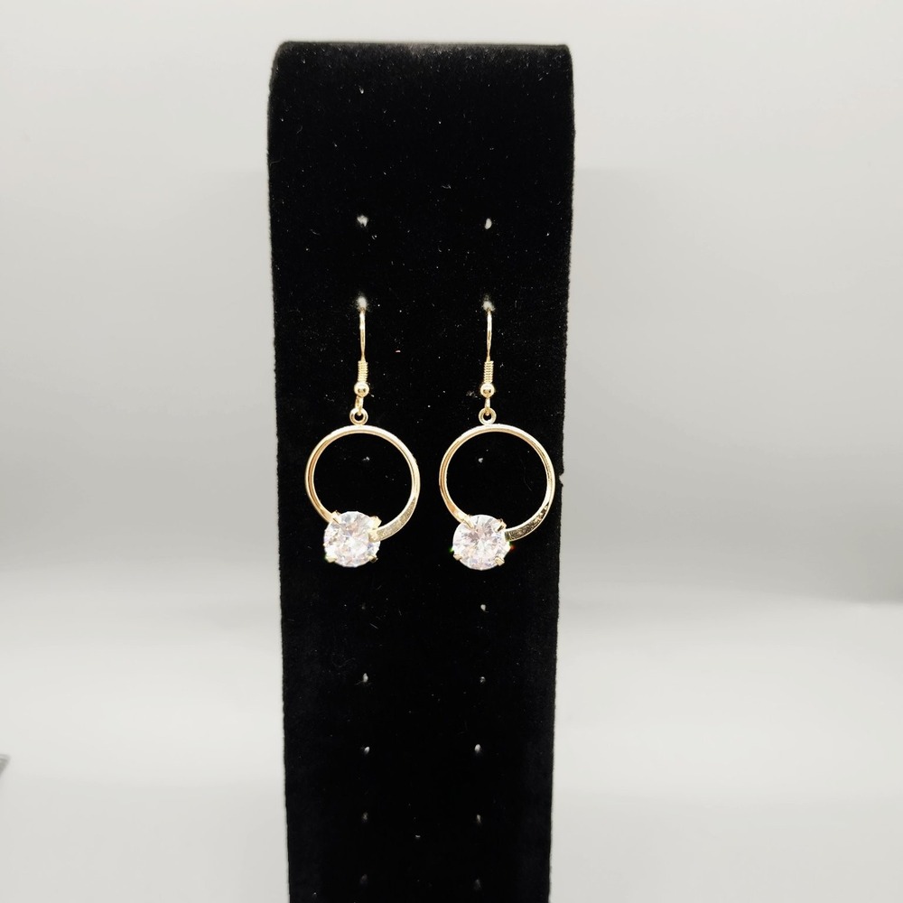 Gold Tone Dangle Earrings 1.4" Drop Clear CZ Stone Open Circle Fashion Jewelry